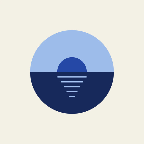 Horizon seaside sunset paper coaster design from the Blue Shapes collection in navy, cobalt and sky blue on cream