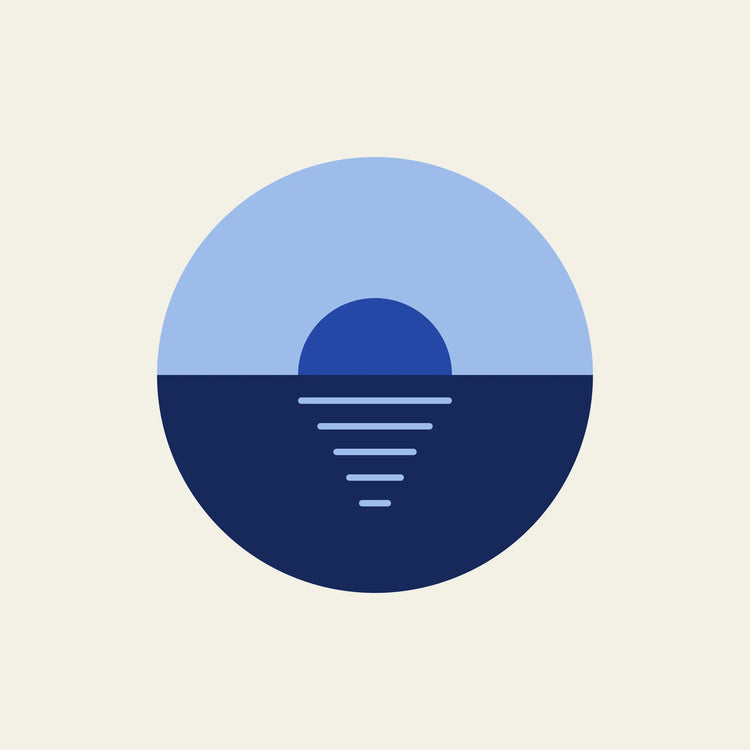 Horizon seaside sunset paper coaster design from the Blue Shapes collection in navy, cobalt and sky blue on cream