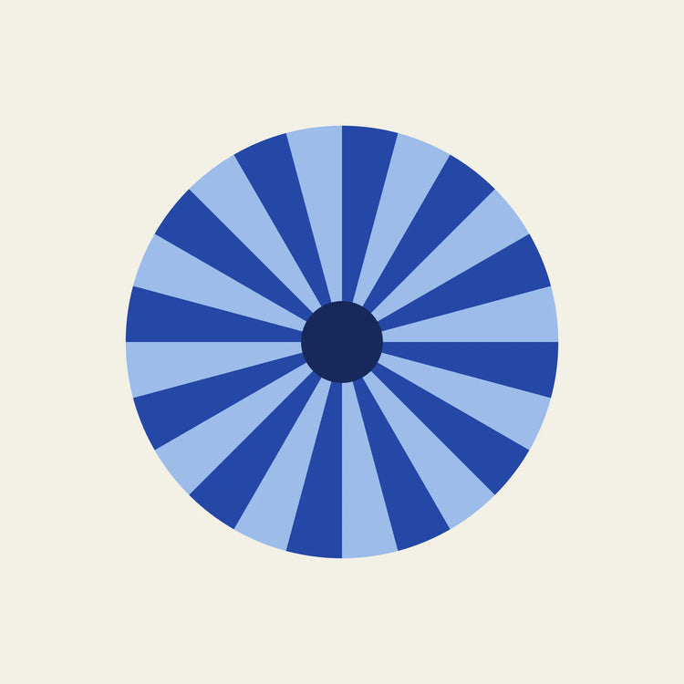 Sunburst retro paper coaster design from the Blue Shapes collection in navy, cobalt and sky blue on cream
