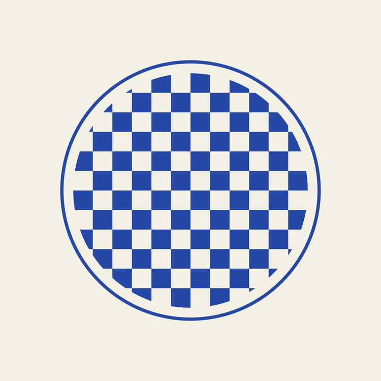 Checkmate checkerboard paper coaster design from the Blue Shapes collection in cobalt blue and cream