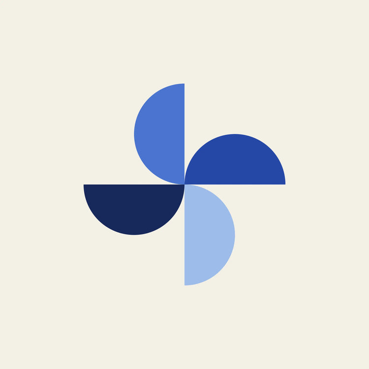 Pinwheel quarter circle paper coaster design from the Blue Shapes collection in navy, cobalt and sky blue on cream