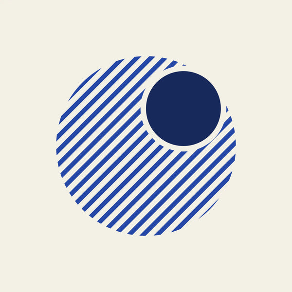 Offset diagonal stripe paper coaster design from the Blue Shapes collection in navy, cobalt and cream