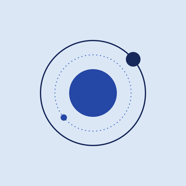 Orbit planet paper coaster design from the Blue Shapes collection in navy, cobalt and pale blue