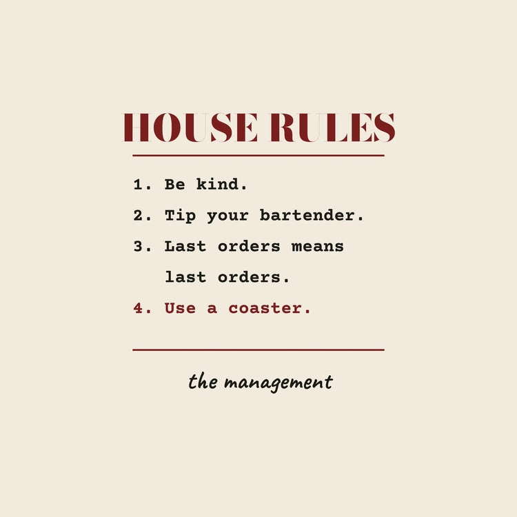 House Rules pub house rules paper coaster design from the Pub & Beer collection in cream, black and burgundy