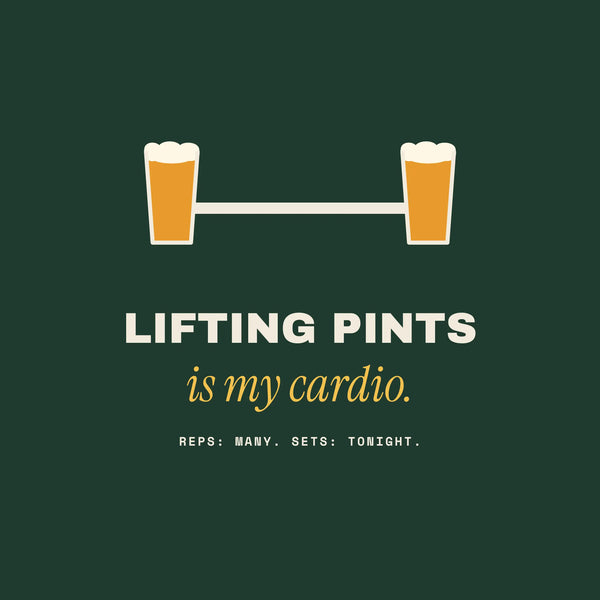 Lifting Pints beer workout paper coaster design from the Pub & Beer collection in dark green, amber and cream