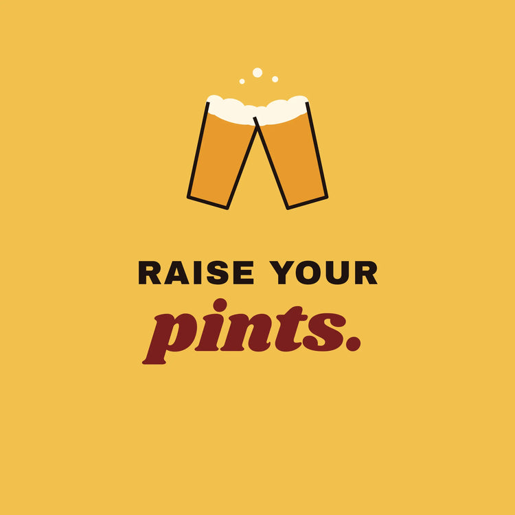 Raise Your Pints cheers beer paper coaster design from the Pub & Beer collection in golden yellow, amber and burgundy