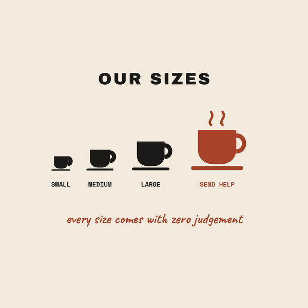 Our Sizes coffee cup sizes paper coaster design from the Coffee Wit collection in black, rust red and cream