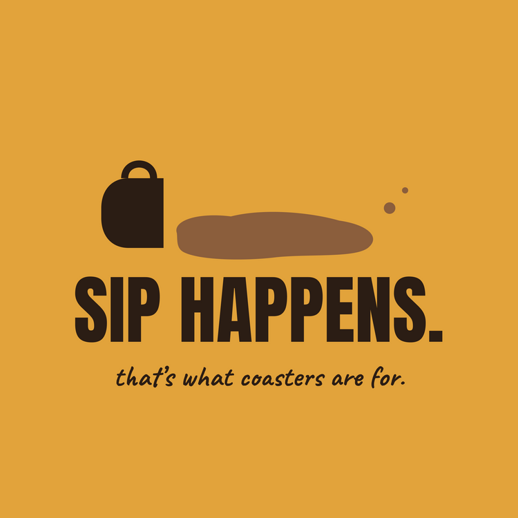 Sip Happens coffee spill paper coaster design from the Coffee Wit collection in mustard yellow, brown and black