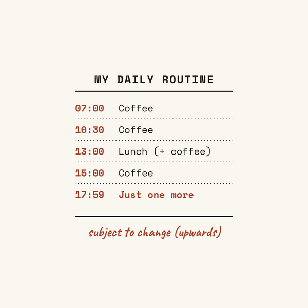 Daily Routine coffee schedule paper coaster design from the Coffee Wit collection in black, rust red and cream