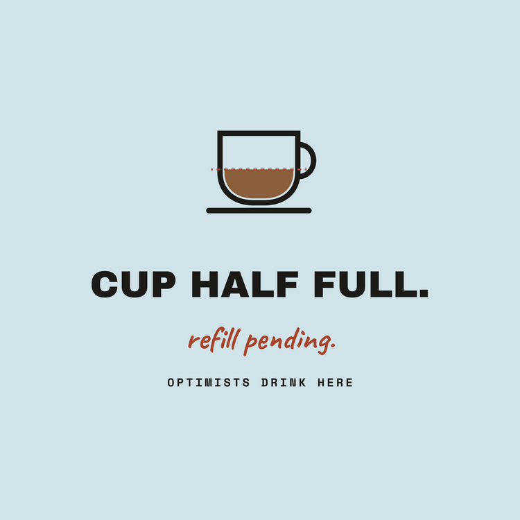 Cup Half Full optimist coffee paper coaster design from the Coffee Wit collection in pale blue, coffee brown and black