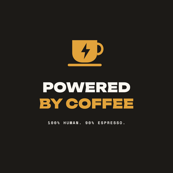 Powered by Coffee coffee energy paper coaster design from the Coffee Wit collection in black, amber and white