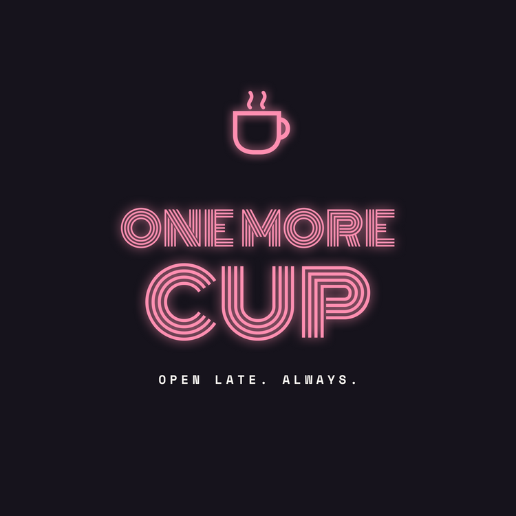 One More Cup neon coffee paper coaster design from the Coffee Wit collection in deep navy and neon pink