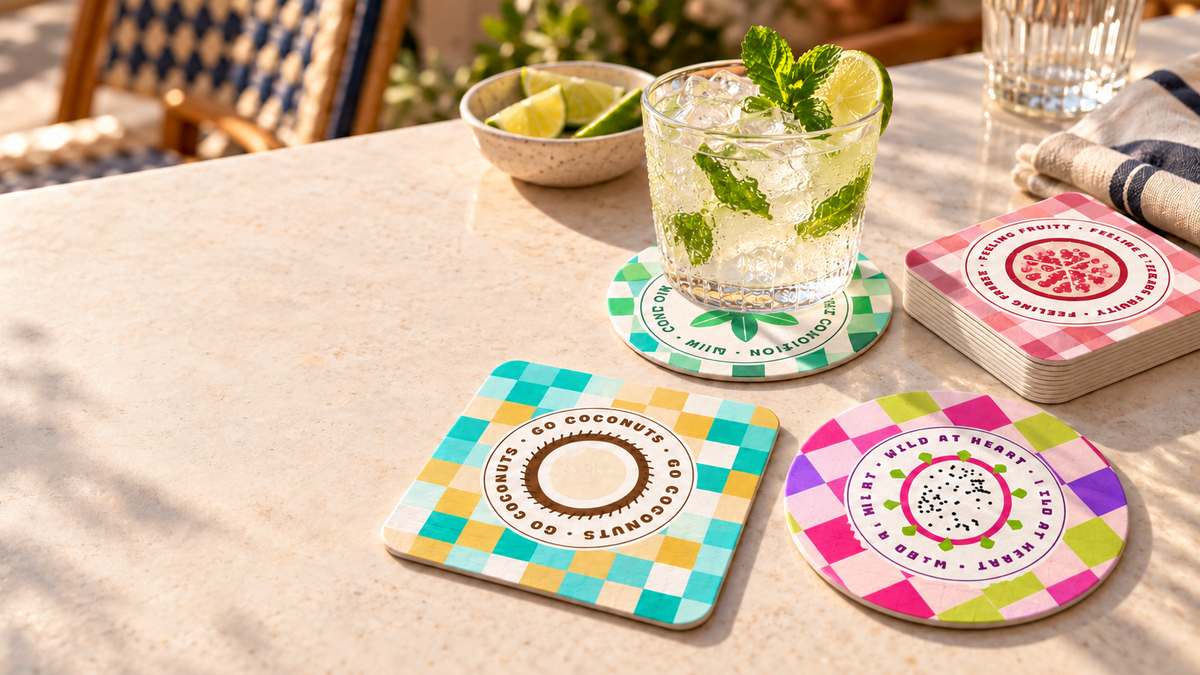Individuell bedruckter Papieruntersetzer unter einem Cocktail