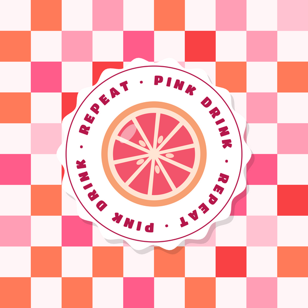 Pink Drink pink citrus paper coaster design with pink and coral checkerboard in pink, coral and orange