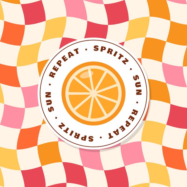 Spritz Hour orange paper coaster design with wavy checkerboard in orange, pink and cream