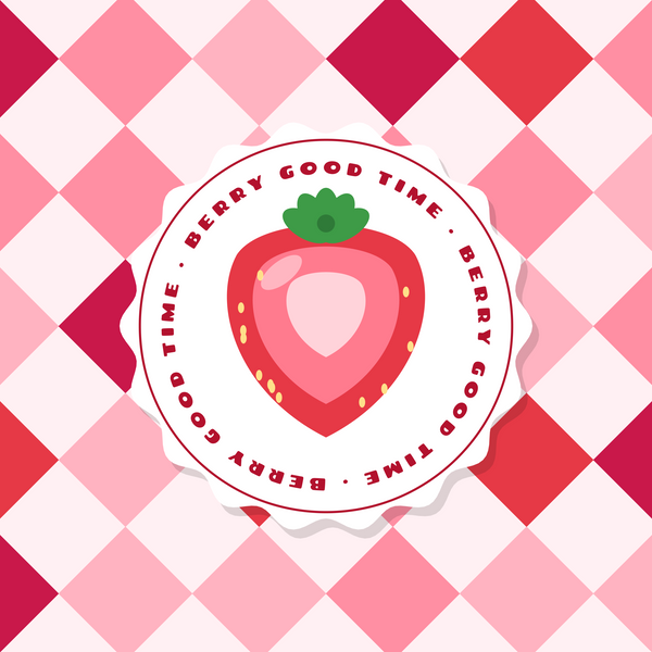 Berry Good Time strawberry paper coaster design with diagonal pink and red checks in red, pink and white