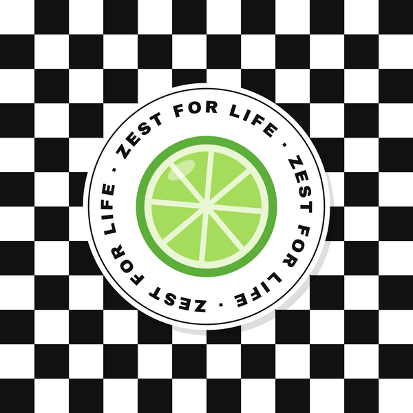 Zest for Life — Untersetzer mit Limetten- und Schachbrettmotiv. Hintergrund: schwarz-weißes Schachbrettmuster. Farben: Schwarz, Weiß und Limettengrün.