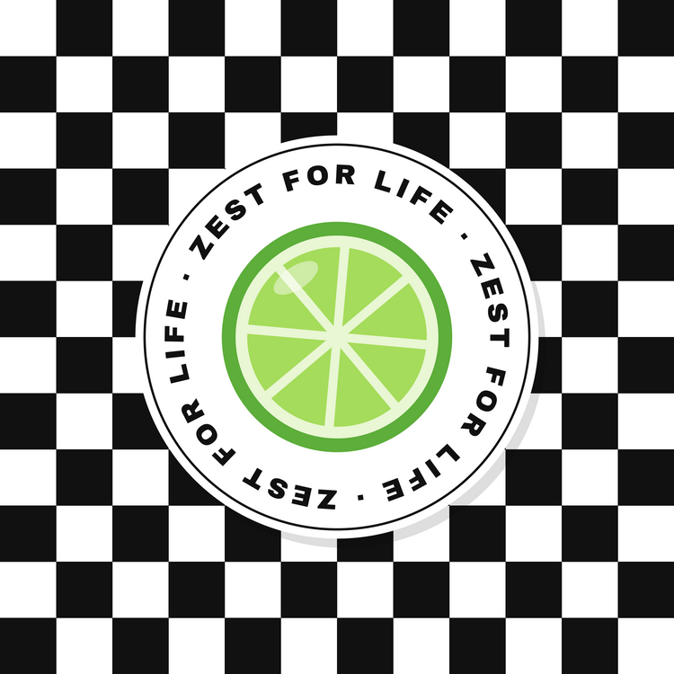 Zest for Life — Untersetzer mit Limetten- und Schachbrettmotiv. Hintergrund: schwarz-weißes Schachbrettmuster. Farben: Schwarz, Weiß und Limettengrün.