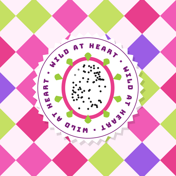 Wild at Heart — Papieruntersetzer mit Drachenfruchtmotiv. Hintergrund: diagonales Karomuster in leuchtenden Farben. Farben: Rosa, Violett, Limettengrün und Weiß.