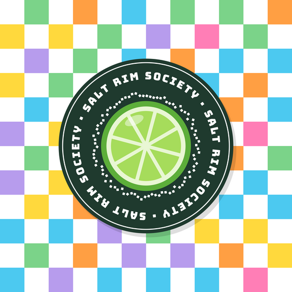 Salt Rim Society lime paper coaster design with multicolour checkerboard in green, blue, yellow, pink and lilac
