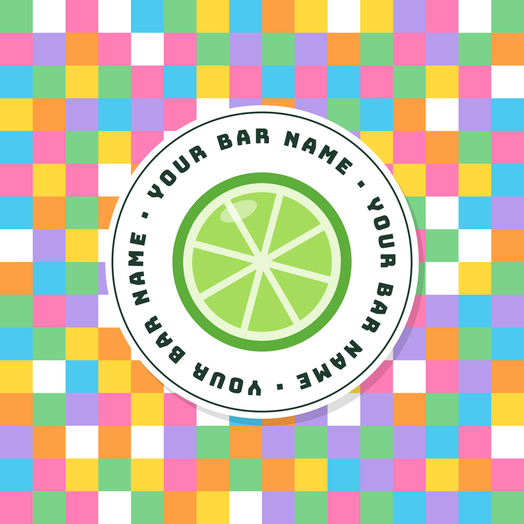 Your Bar Name lime paper coaster design with layered multicolour checks in pink, blue, green, yellow and lilac