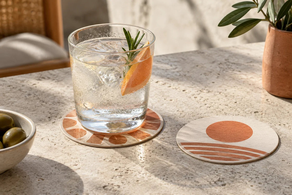 Condensation on a chilled tumbler resting on a matte paper coaster