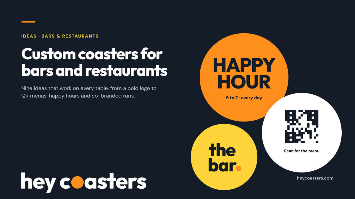 Round and square custom paper coasters for a bar, with a QR code and a happy hour design
