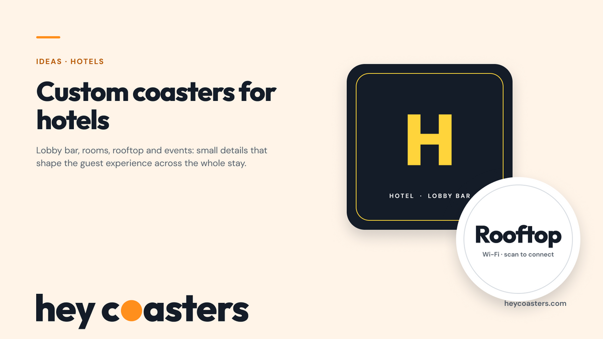 Custom hotel coasters for the lobby bar, guest rooms and rooftop