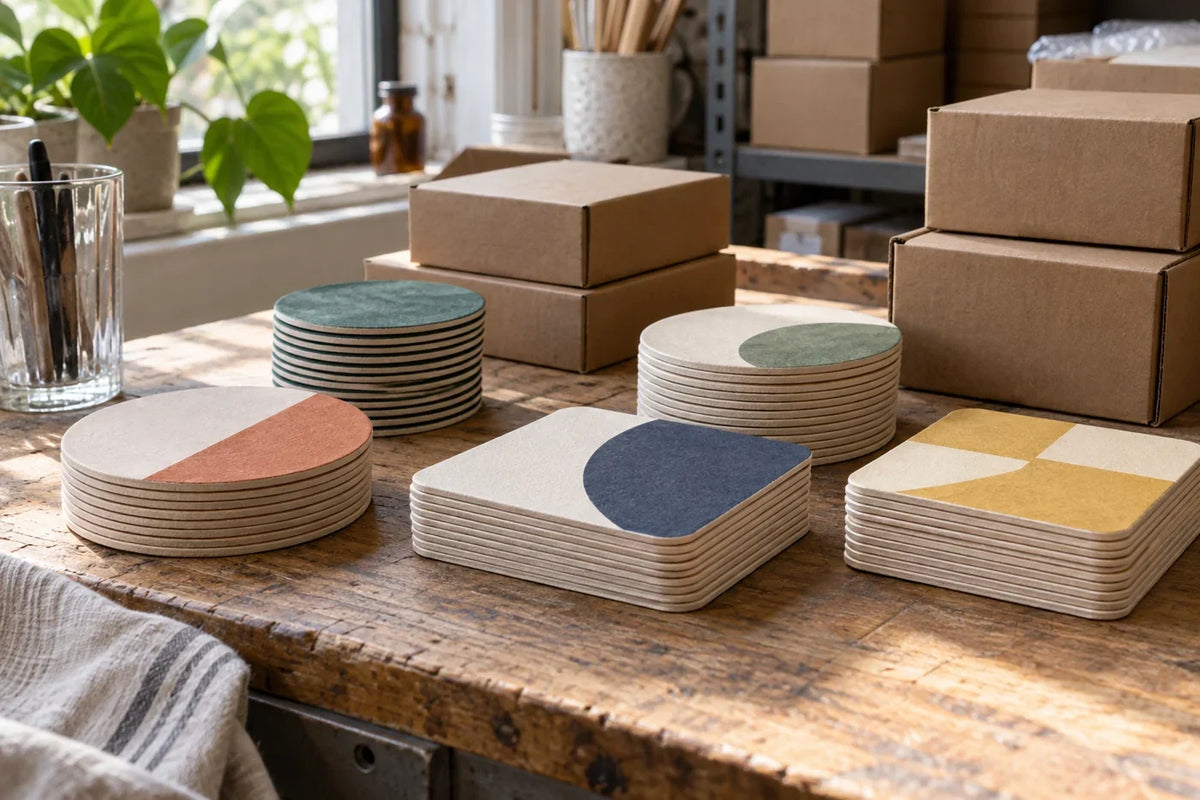 Stacks of printed paper coasters beside unlabelled kraft boxes