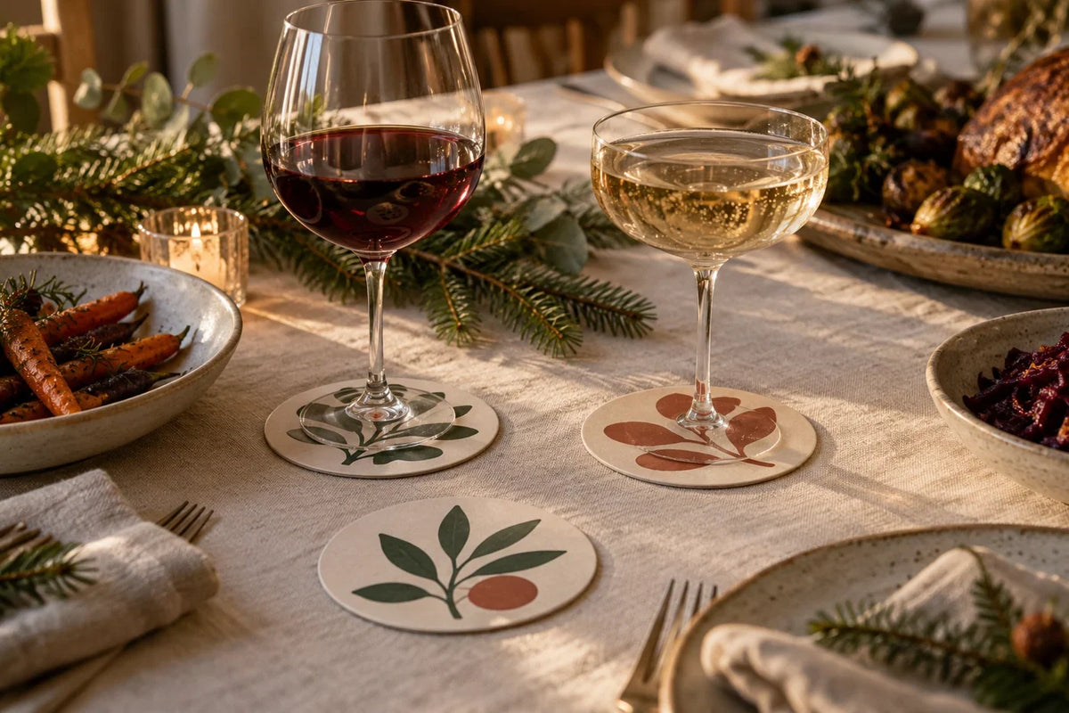 Botanical paper coasters beneath wine glasses on a winter dinner table