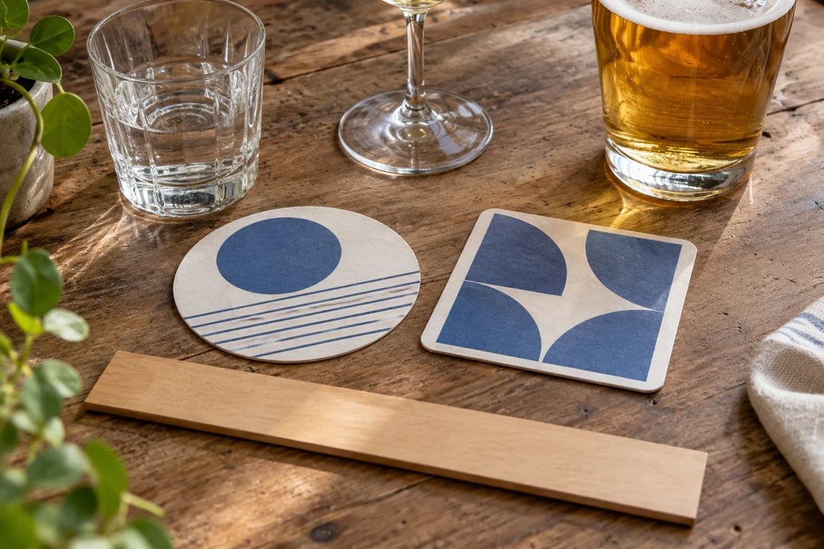 Round and square paper coasters beside different glasses on a studio table