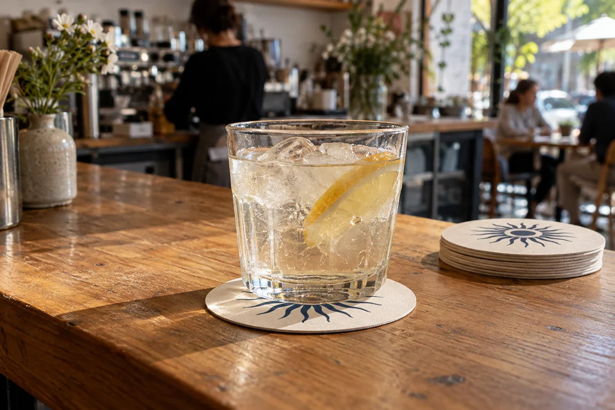 Ein einfaches Sonnenemblem auf Papieruntersetzern neben einem Glas auf der Theke eines Cafés