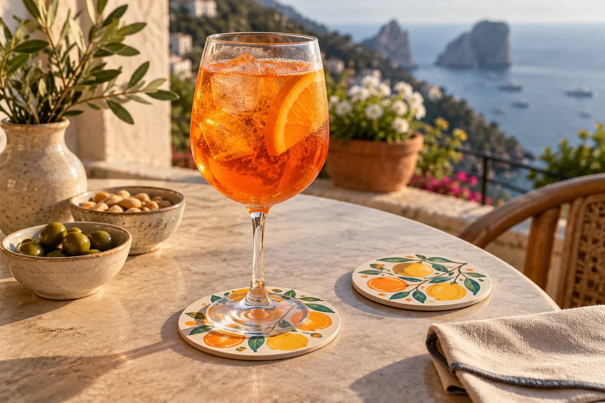 Citrus illustrated paper coaster beneath a spritz on a terrace