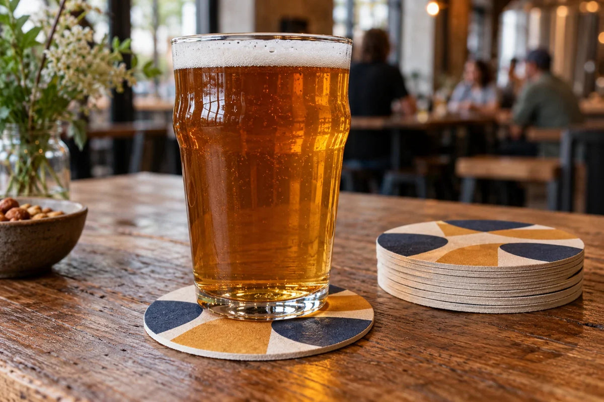 Geometric paper beer mats beneath a pint glass in a taproom; illustrative styling