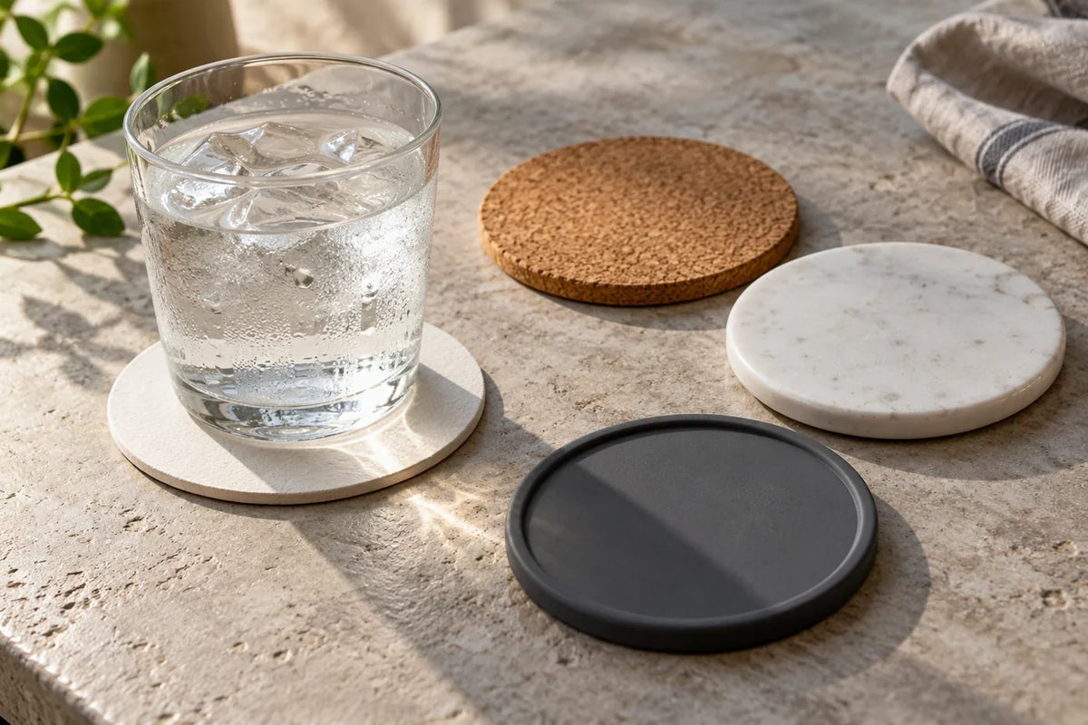 Paper, cork, ceramic and silicone coasters on a neutral tabletop