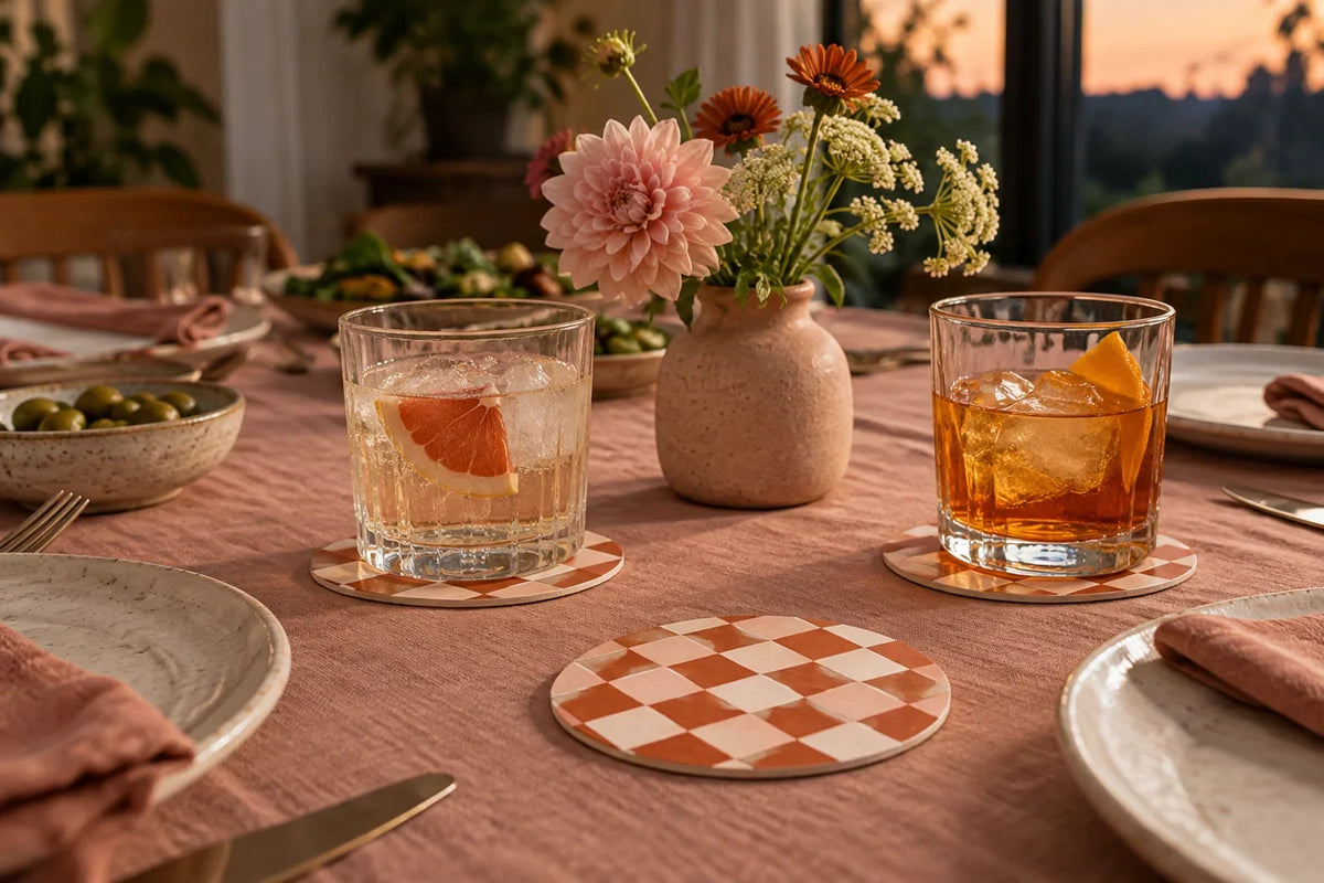 Checkerboard paper coasters beneath drinks at a celebration table