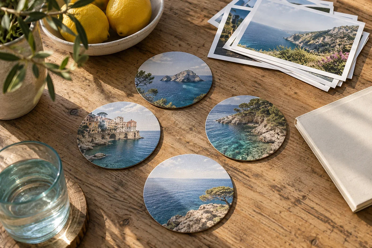 Paper coasters printed with coastal photographs beside photographic prints