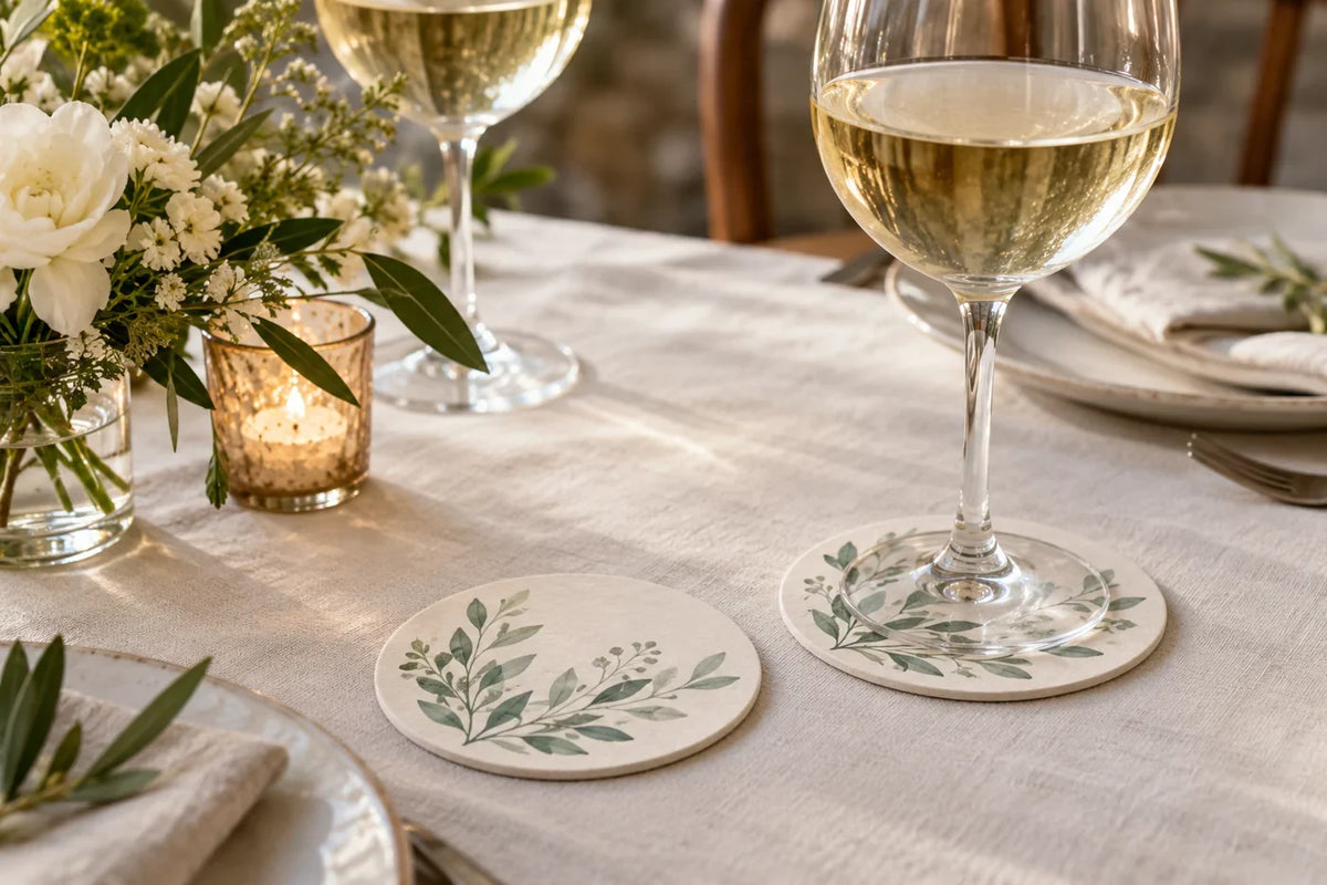 Botanical paper coasters and wine glasses on a wedding table; illustrative styling