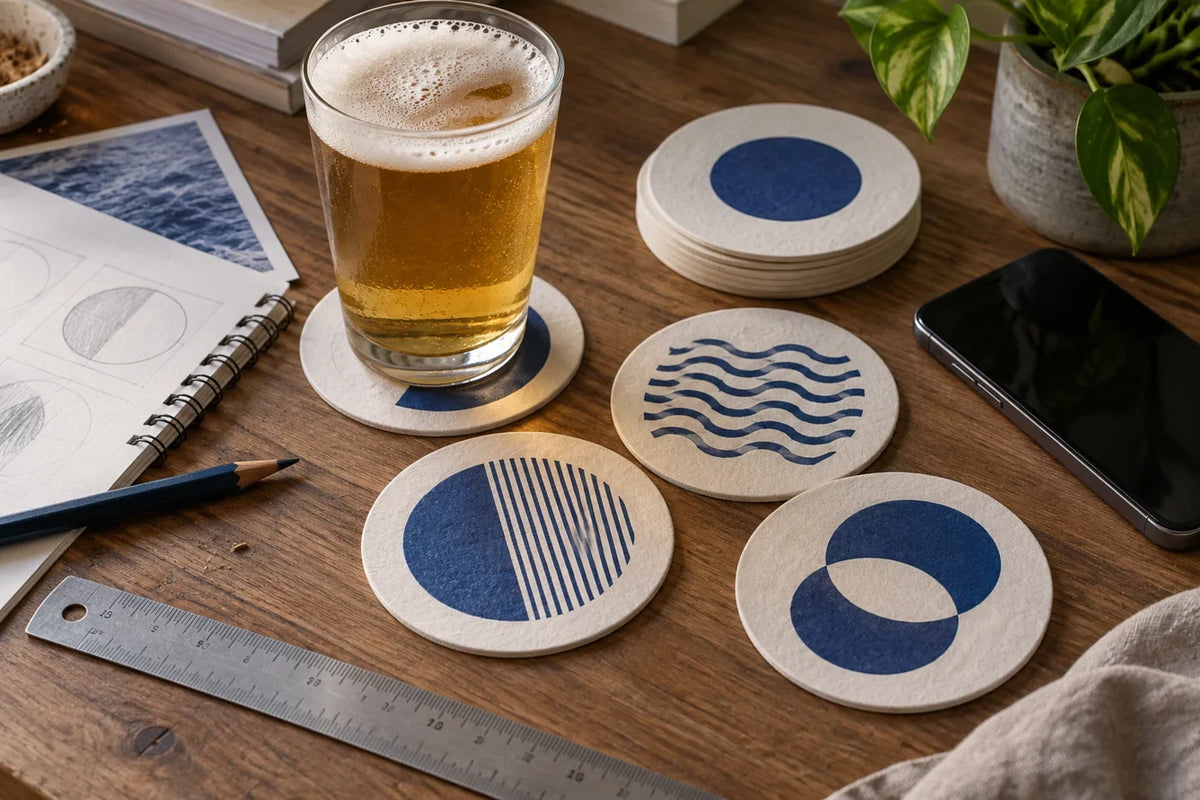 Paper coaster samples, a glass and design sketches on a table