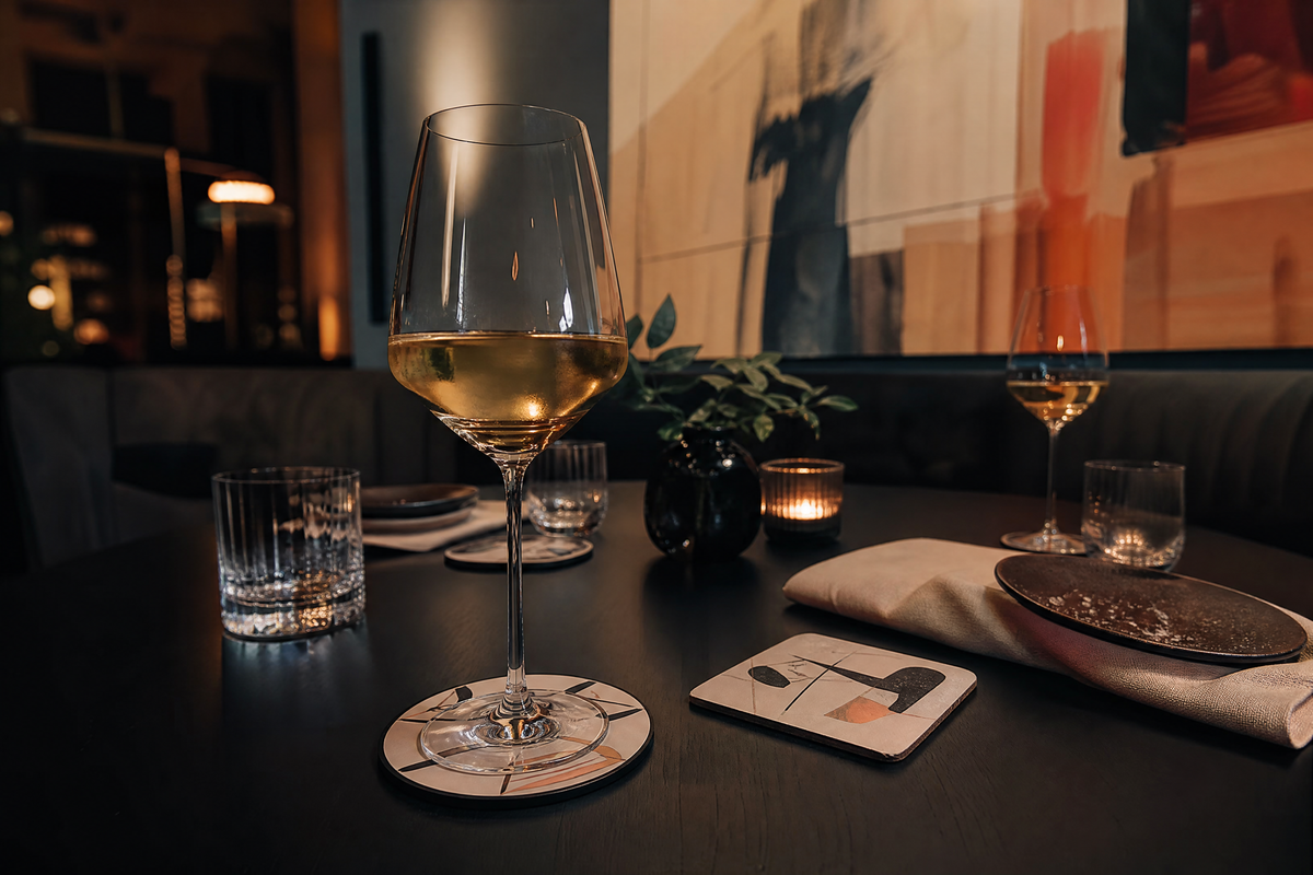 Custom coasters in a contemporary European restaurant