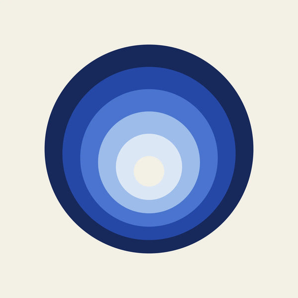 Tunnel tonal rings paper coaster design from the Blue Shapes collection in navy, cobalt, sky blue and cream