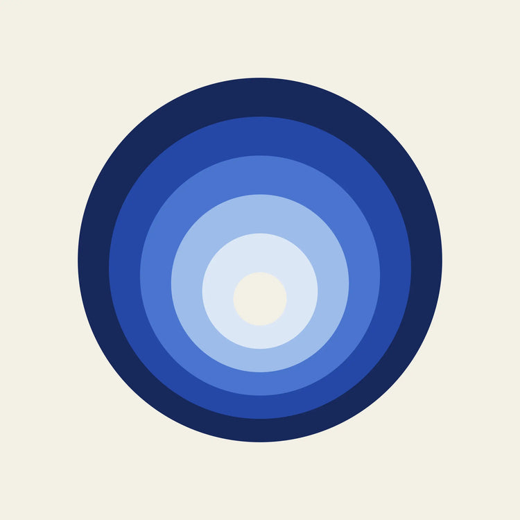 Tunnel tonal rings paper coaster design from the Blue Shapes collection in navy, cobalt, sky blue and cream