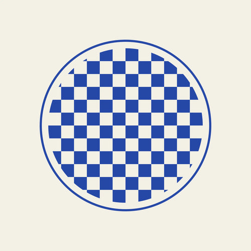 Checkmate checkerboard paper coaster design from the Blue Shapes collection in cobalt blue and cream