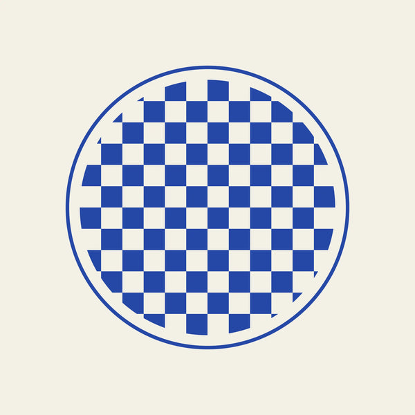Checkmate checkerboard paper coaster design from the Blue Shapes collection in cobalt blue and cream