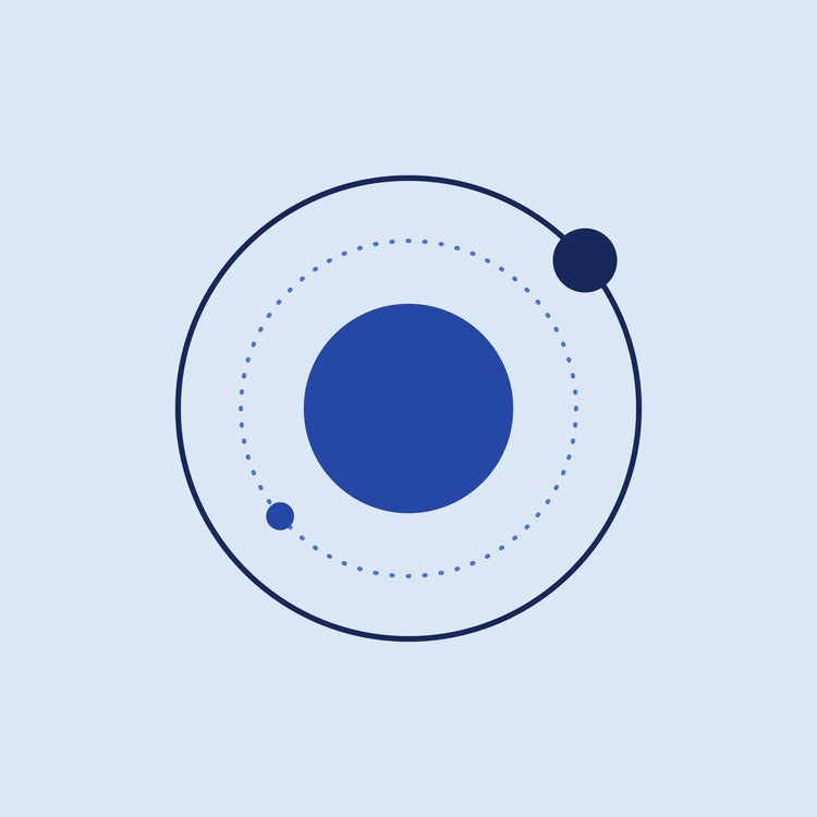 Orbit planet paper coaster design from the Blue Shapes collection in navy, cobalt and pale blue