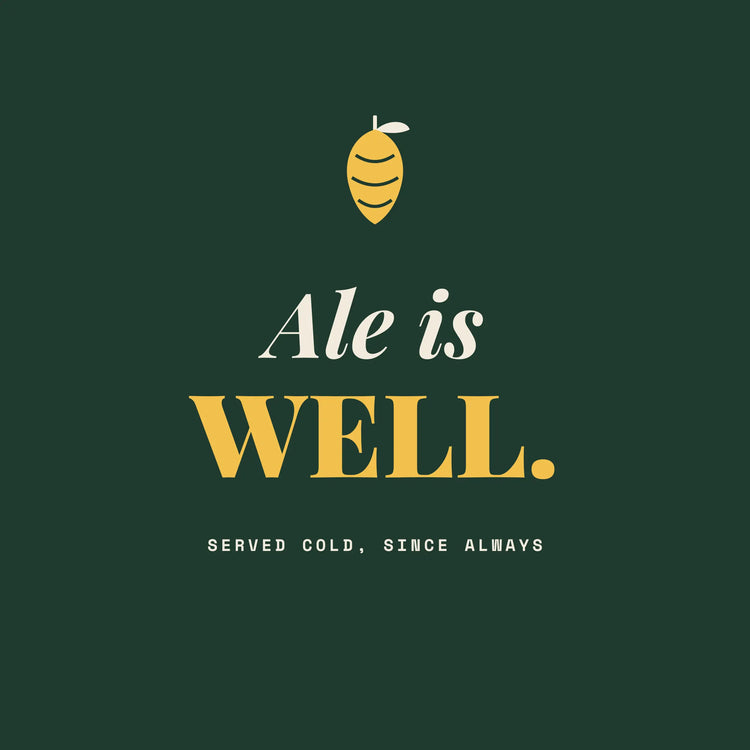 Ale Is Well ale pun paper coaster design from the Pub & Beer collection in forest green, gold and cream