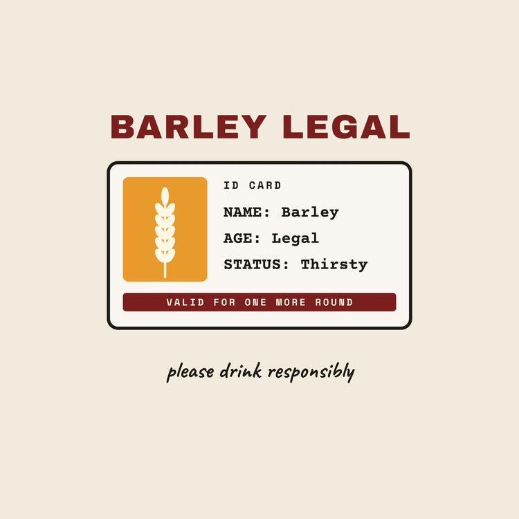 Barley Legal beer ID card paper coaster design from the Pub & Beer collection in cream, amber and burgundy