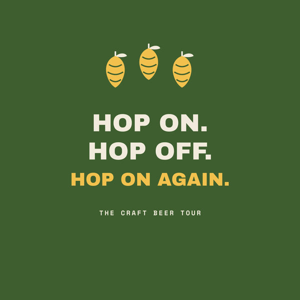 Hop On Hop Off craft beer tour paper coaster design from the Pub & Beer collection in leaf green, gold and cream