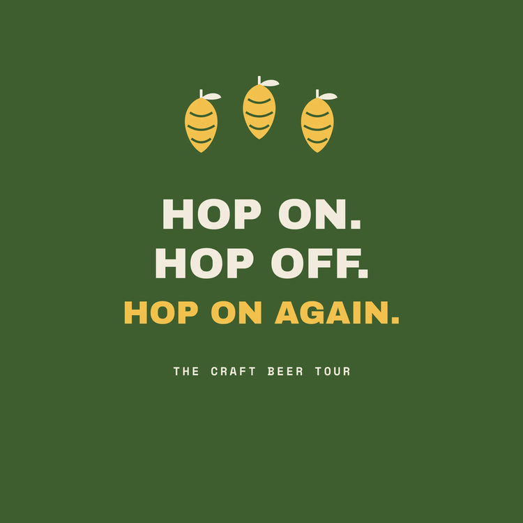 Hop On Hop Off craft beer tour paper coaster design from the Pub & Beer collection in leaf green, gold and cream