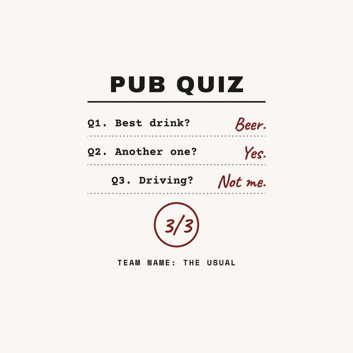 Pub Quiz trivia night paper coaster design from the Pub & Beer collection in off-white, black and burgundy